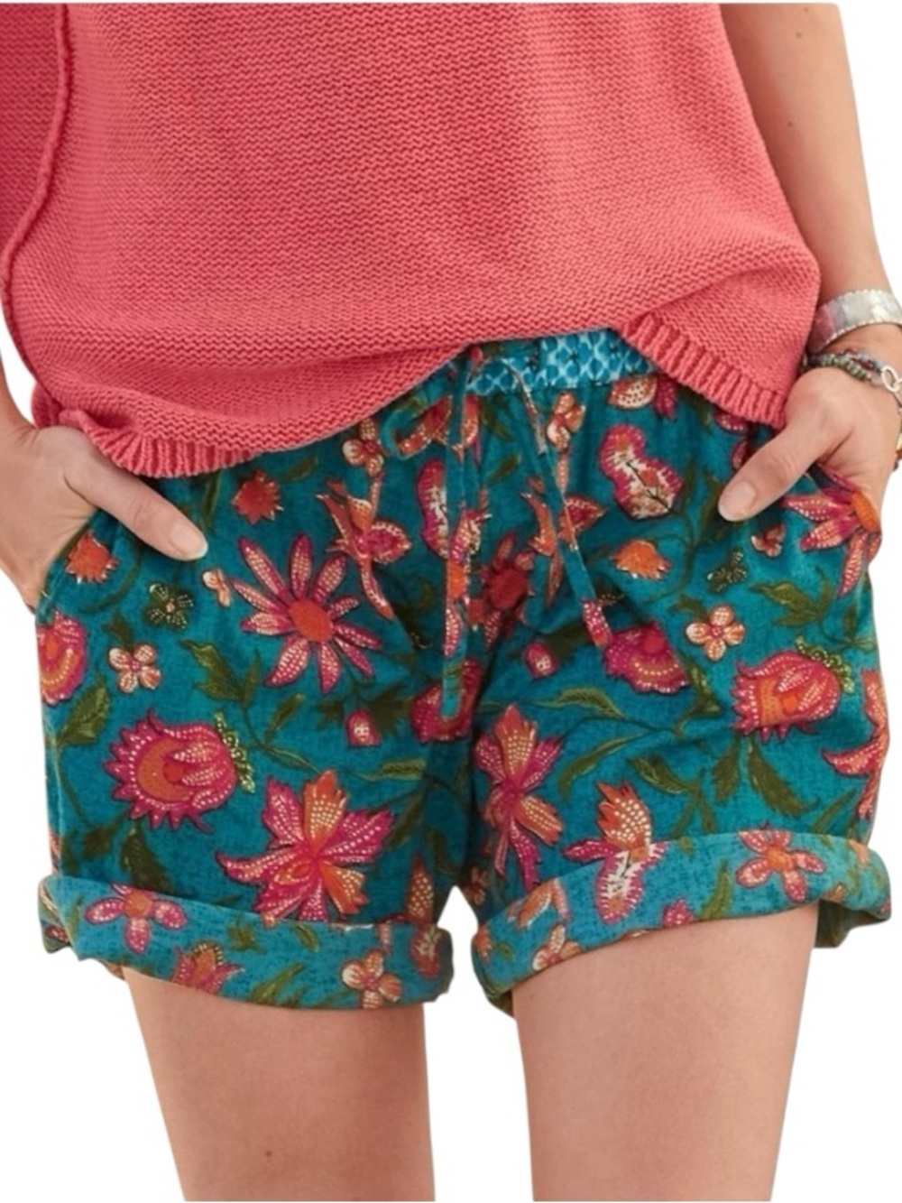 Sundance Leia Cotton Teal Floral Waist string  Beach Resort Cruise Shorts L